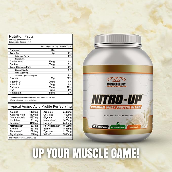 MUSCLEOLOGY Nitro-Up Whey Protein Blend Powder – Vanilla – 5lb | BCAAs EAAs &amp Digestive Enzymes