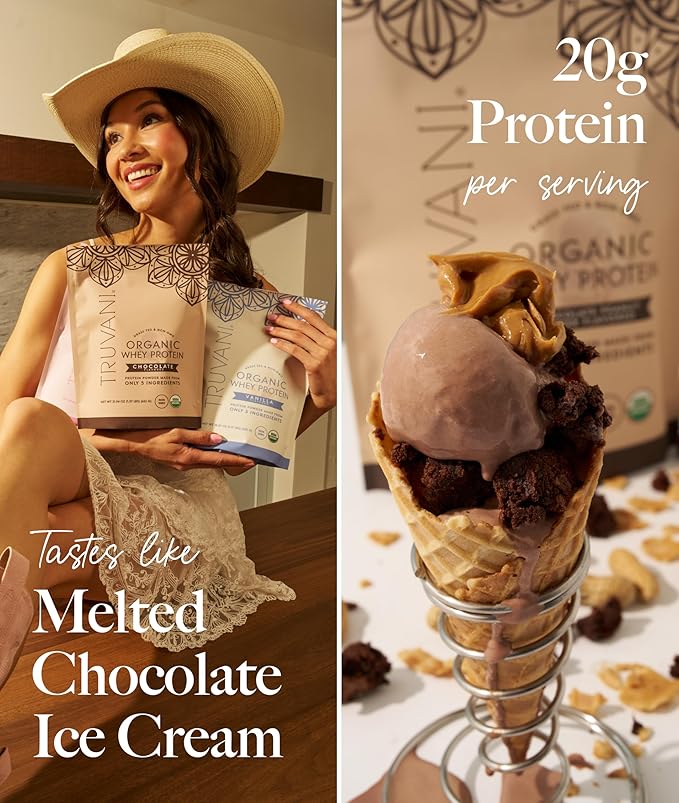 Truvani Organic Whey Protein Powder | Chocolate | 20g Grass Fed Whey Protein | 20 Servings | USDA Organic &amp Non-GMO | Gluten Free | No Gums No Soy No Stevia No Added Sugars