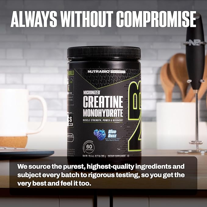 NutraBio Pure Micronized Creatine Monohydrate Powder Supplement Blue Razz (300 g) - Supports Bulk Muscle Energy Recovery and Strength - HPLC Tested Creatine Powder Supplement for Men and Women