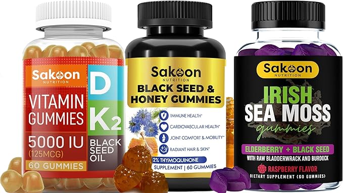 Sakoon nutrition Superfood Gummies Bundle – Irish Sea Moss Black Seed Oil &amp Vitamin D3 K2 – Immune Support Bone Health &amp Overall Wellness – 60 Gummies Each