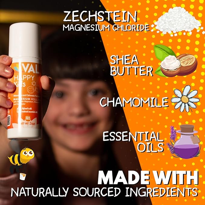 VAL Kids Relaxation Bundle | Magnesium Roll-On (3oz) + Magnesium Oil Spray (4oz) | Calm &amp Mood Support with Chamomile &amp Shea Butter | USA Made