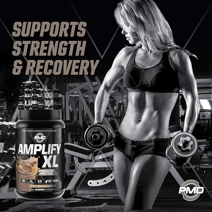 PMD Sports Amplify XL Premium Whey Protein Supplement Hydro Greens Blend - Glutamine and Whey Protein Matrix with Superfood for Muscle Strength and Recovery - Toffee Macchiato (24 Servings)