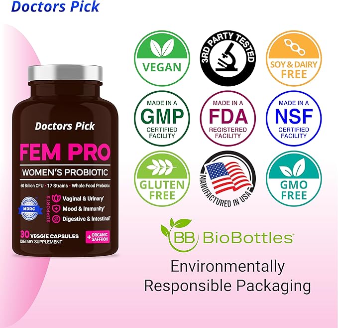 Fem Pro Probiotics for Women. 17 Clinically Effective Strains for Vaginal Digestive &amp Immune Support Urinary Tract Health pH Balance and Mood. Organic Prebiotic 30 Veggie Capsules