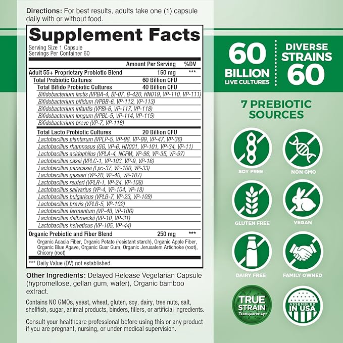 Vital Planet - Vital Flora Adults Over 55 Daily Probiotic 60 Billion CFU Diverse Strains Organic Prebiotics Immune Support Gas Relief Digestive Health Probiotics for Women and Men 60 Capsules