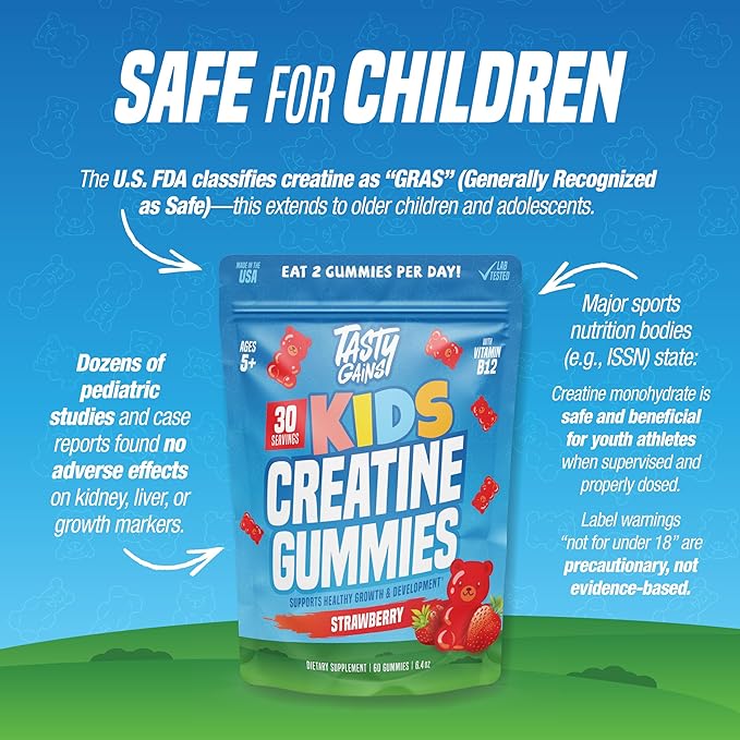 TASTY GAINS Kids Creatine Gummies with Vitamin B12 for Growth Support Kids Vitamin Gummies for Daily Nutrition Support Gummy Vitamins for Kids Easy Chew Supplement for Children