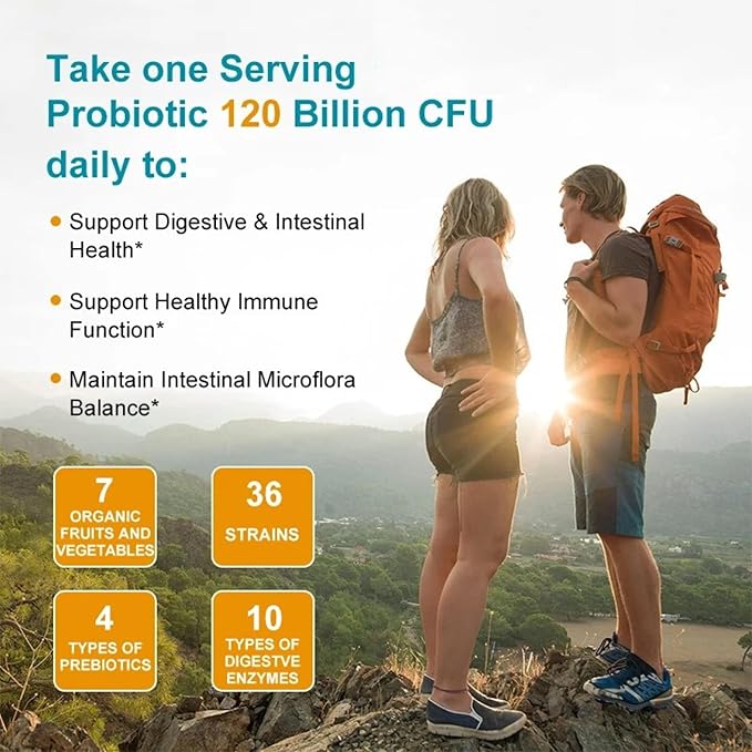 Probiotics 120 Billion CFU-36 Strains + Organic Prebiotics + Natural Whole Food Supplement for Ultimate Gut Health Support- 2 Month Supply 120 Softgels