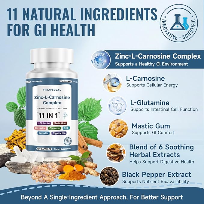 Zinc L Carnosine Complex 85mg 11-in-1 Digestive &amp Gut Health Support Supplement with Soothing Herbal Extract Blend L-Glutamine &amp Mastic Gum 100 Capsules Non-GMO Vegan