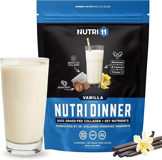 NutriDinner by Nutrillermo | Grass-Fed Collagen Protein Powder | Collagen with Magnesium B-Vitamins | Collagen Supplement for Sleep and Recovery (149 Vanilla)