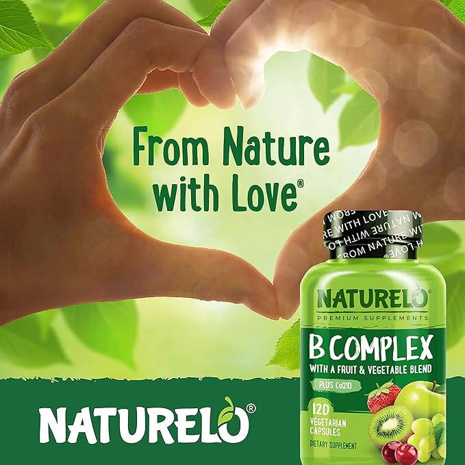 NATURELO Vitamin B Complex120 Capsules Vegan CoQ10 Methyl Folate Biotin Fruit &amp Veg Blend Supports Energy and Healthy Stress Response Super B Complex Vitamins for Women and Men