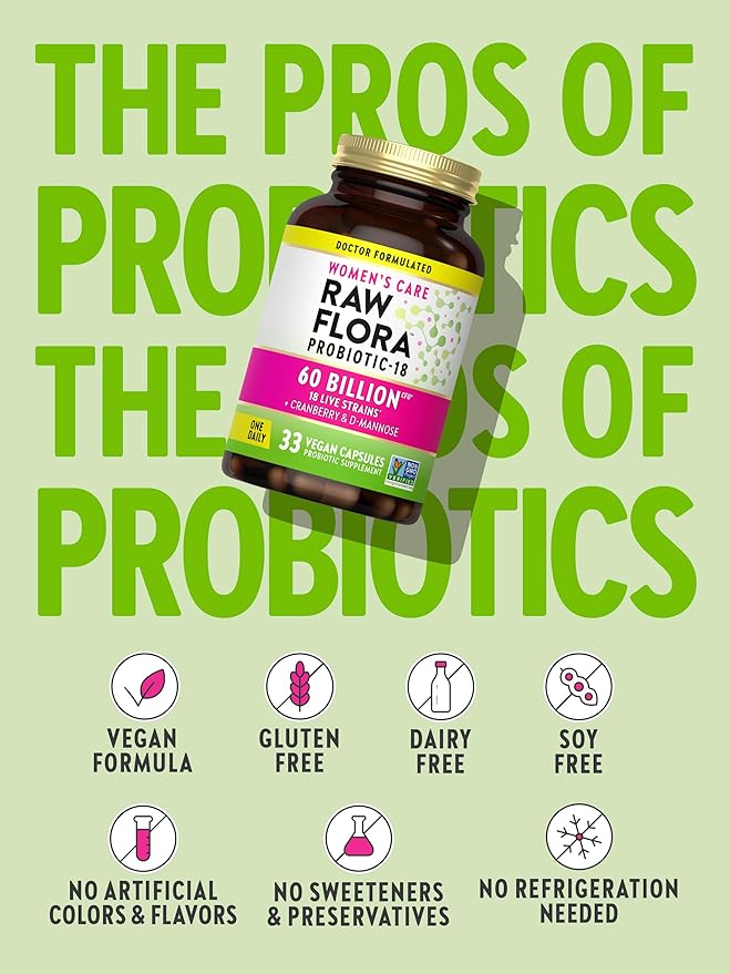 Raw Flora Women's Probiotics | Dr. Formulated 60 Billion CFU + Prebiotics | Digestive Vaginal &amp Urinary Support | 33 Vegan Capsules with Cranberry &amp D-Mannose | Shelf Stable