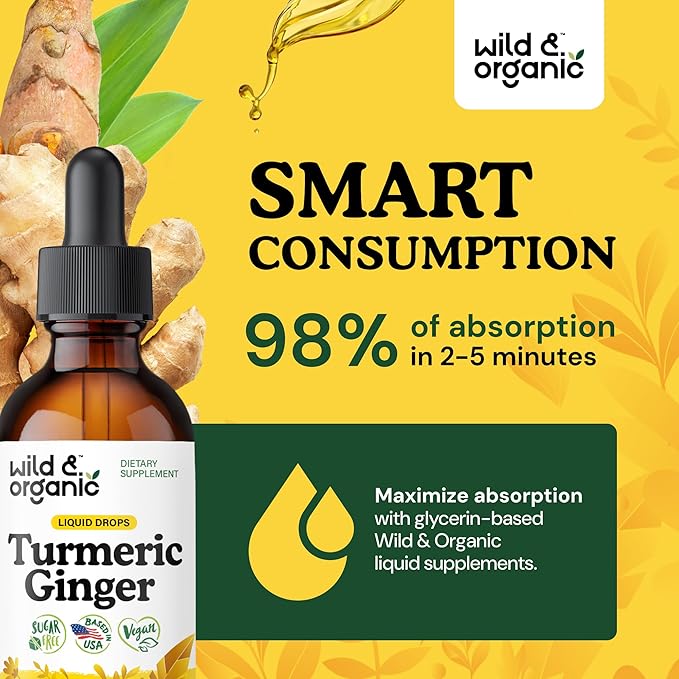Wild &amp Organic Turmeric and Ginger Supplement Drops - Joint &amp Immune Support - Liquid Turmeric with Ginger and Black Pepper Extract - Curcumin Supplement - Vegan Sugar &amp Alcohol-Free Tinc