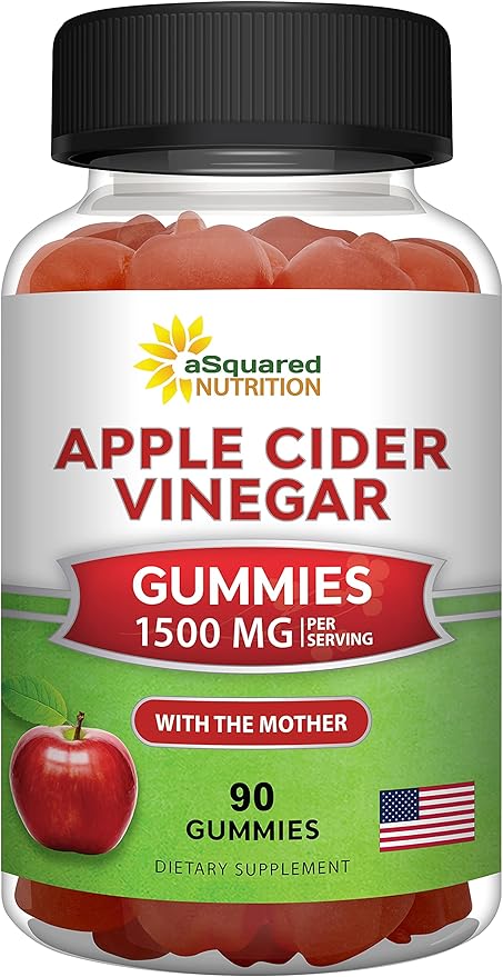 aSquared Nutrition Apple Cider Vinegar Gummies - 1500mg Per Serving - with The Mother - 90 ACV Gummies w/Vitamin B6 &amp B12 Folic Acid - Vegan Gummy Supplement Alternative to Capsules Pills &amp D