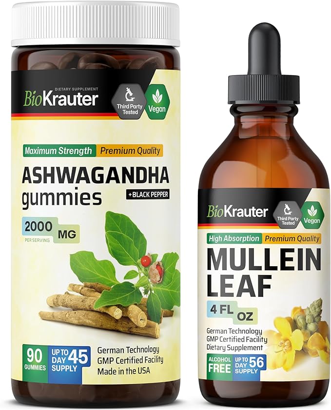 BIO KRAUTER Ashwagandha 90 Gummies &amp Mullein Tincture 4 Fl. Oz.
