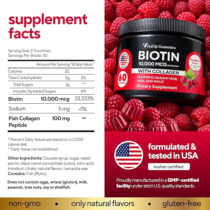 Biotin Gummies 10000mcg for Women and Men - Extra Strength Hair Skin and Nails Gummies with Collagen - Natural Biotin Gummy Supplement for Hair Skin Nails Support - 60 ct