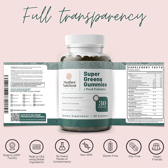 Mother Nutrient Super Greens Gummies for Women Adults - with Prebiotics &amp Probiotics Not 8 but 30 Powerful Greens Superfoods - Multivitamin Veggie Chewables (90 Gummies)