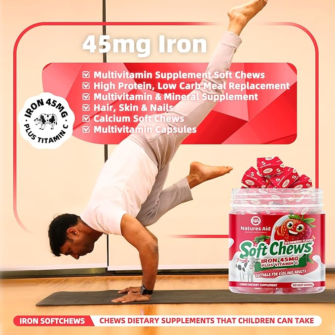 Chewable Iron Supplement for Women &amp Men and Kids - Strawberry Flavor Iron Vitamin C Soft Chew for Max Absorption Iron as Ferrous Fumarate Ideal for Iron Deficiency 2 Month Supply