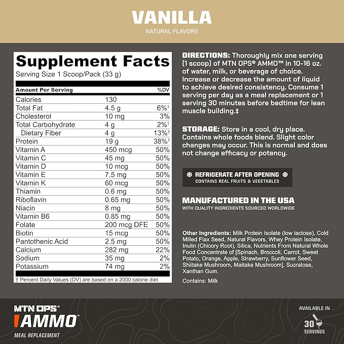 MTN OPS Ammo Meal Replacement Shake Powder – 19g Protein 10g Flaxseed 4.5g Whole Foods Real Fruits &amp Vegetables – Daily Nutrition &amp On-the-Go Fuel 30 Servings Vanilla