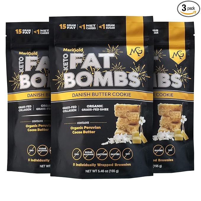MariGold Keto Fat Bombs - Danish Butter Cookie - Low Carb Collagen Rich Grass-fed Ghee Organic Cocoa Butter Gluten-Free Non-GMO (3 bags 5 Servings each) No Weird Aftertaste