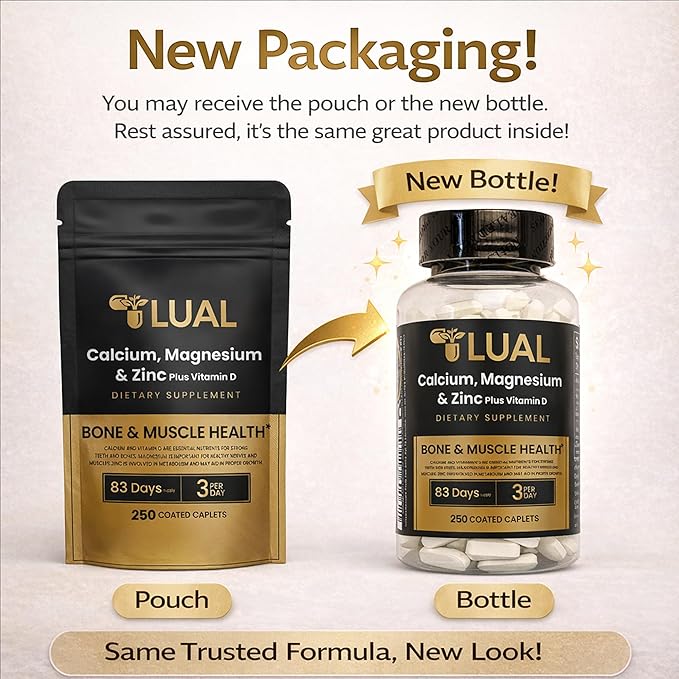 Calcium Magnesium Zinc &amp Vitamin D3.LUAL Calcium Magnesium Zinc with Vitamin D – Bone &amp Muscle Support Supplement for Adults 250 Coated Caplets Dietary Supplement 250 Count