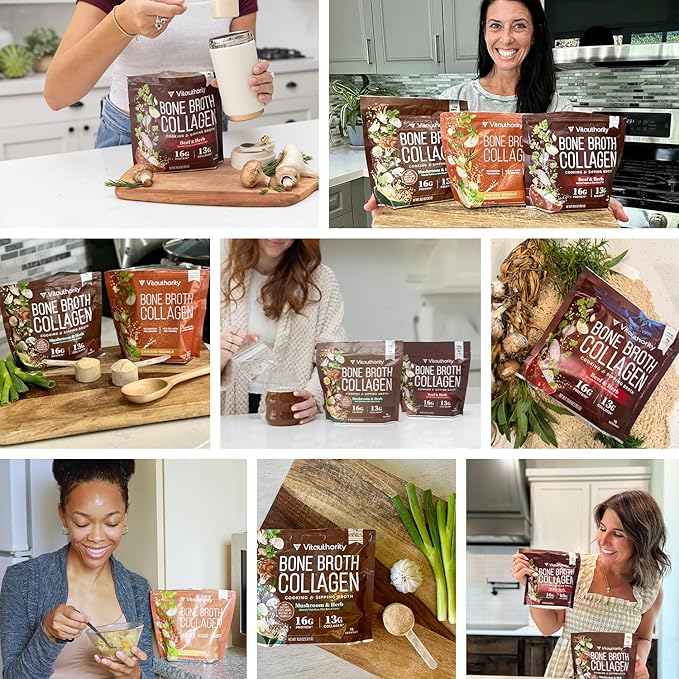 Vitauthority Bone Broth Collagen Delicious Chicken Noodle Flavored - Packed with 16g of Protein &amp Types I II III - Nourishes Skin Hair Nails Joints &amp Gut - Beef BoneBroth