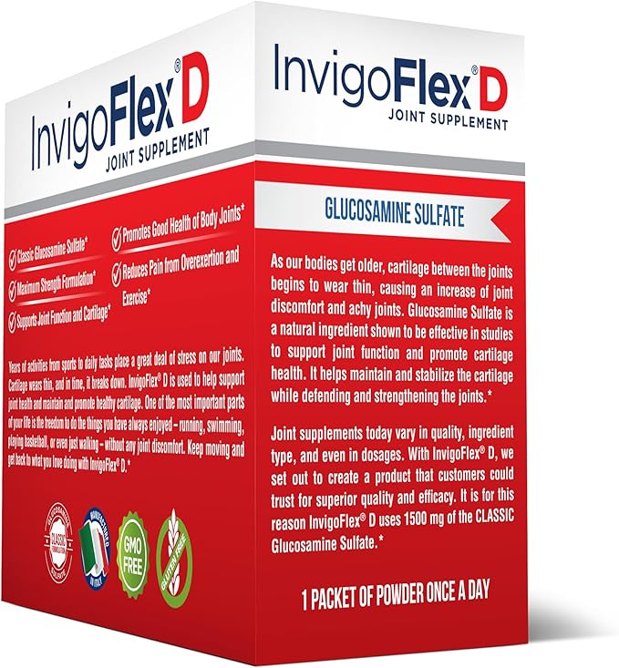 INVIGOFLEX 1500mg of Glucosamine Sulfate Powder (Classic Formulation) - Premium Joint Supplement for Knees Hands Back and Hip Support D: Glucosamine Sulfate Packets - 90 Packets (Pack of 3)