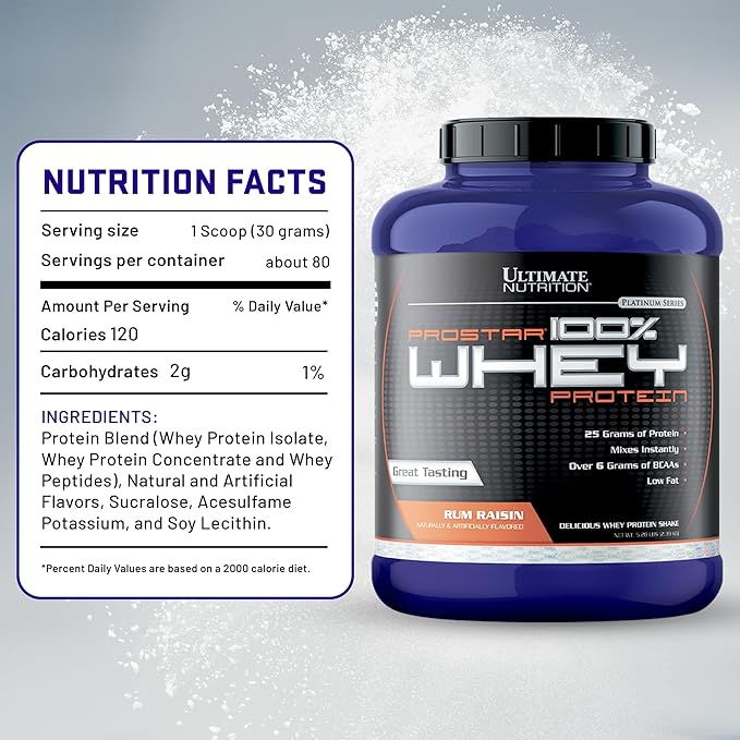 Ultimate Nutrition Prostar Whey Protein Powder Isolate Gourmet Rum Raisin - Low Carb High Protein Powder Shake for Muscle Gain &amp Recovery - Low Sodium Low-Fat &amp Keto Friendly - 5.28 lbs Tub
