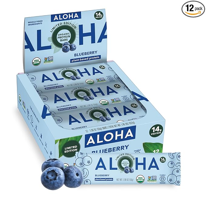 ALOHA Organic Plant Based Protein Bars - Blueberry Bars Vegan Low Sugar Gluten-Free Low Carb Non-GMO No Stevia No Erythritol - 12 Count (Pack of 1)