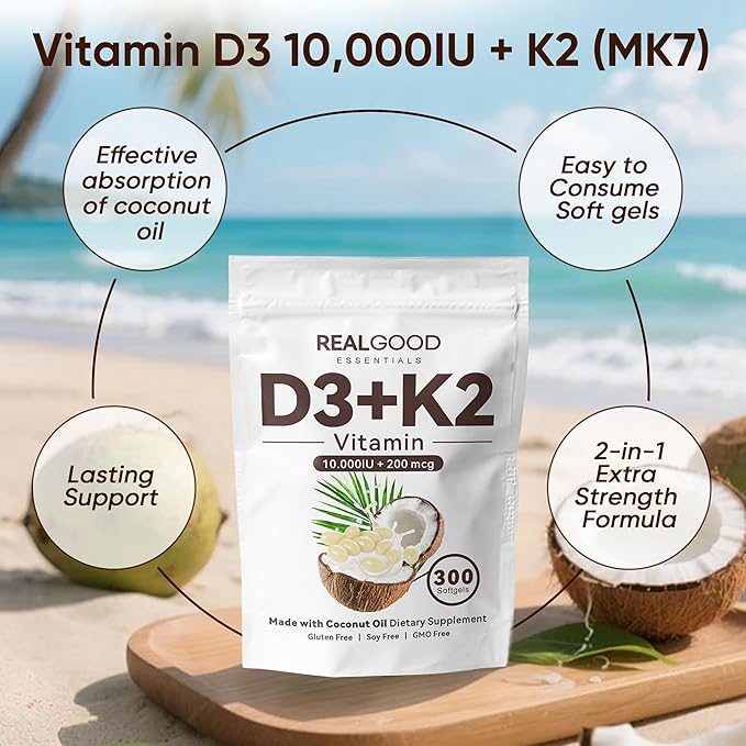 Real Good Essentials Vitamin D3 K2 Real Good D3+K2 (MK7) Coconut Oil Softgels Immune Supports Bone Support Easy to Swallow Non-GMO Gluten Free 300 Softgels
