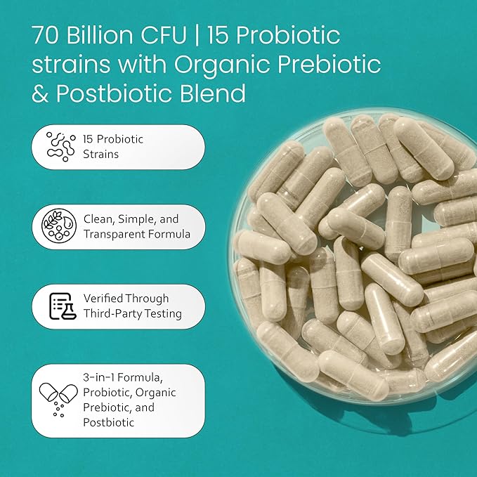NaturaLife Labs Probiotics 70 Billion CFU – 15 Strains with Organic Prebiotic &amp Postbiotic – 3-in-1 Formula – 30 Vegan Capsules