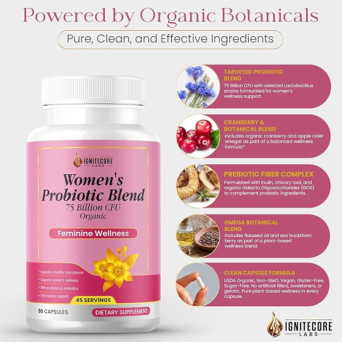 Women’s Probiotic Capsules – Daily Wellness Support with Probiotics &amp Prebiotics Non-GMO – 90 Capsules 45 Servings