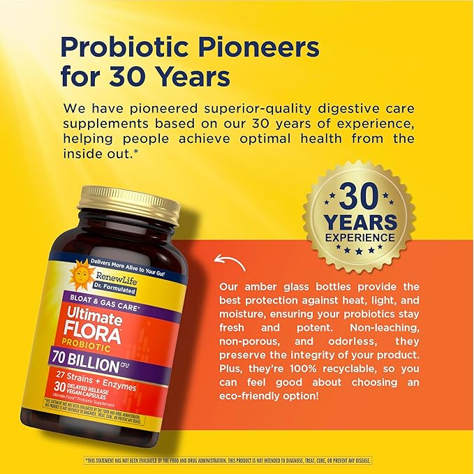 Renew Life Ultimate Flora Probiotics Bloat &amp Gas Support 70 Billion CFU Delayed Release Vegan Capsules | Doctor Formulated | Digestive Health | Immune Health | Dairy Free | 30 Count