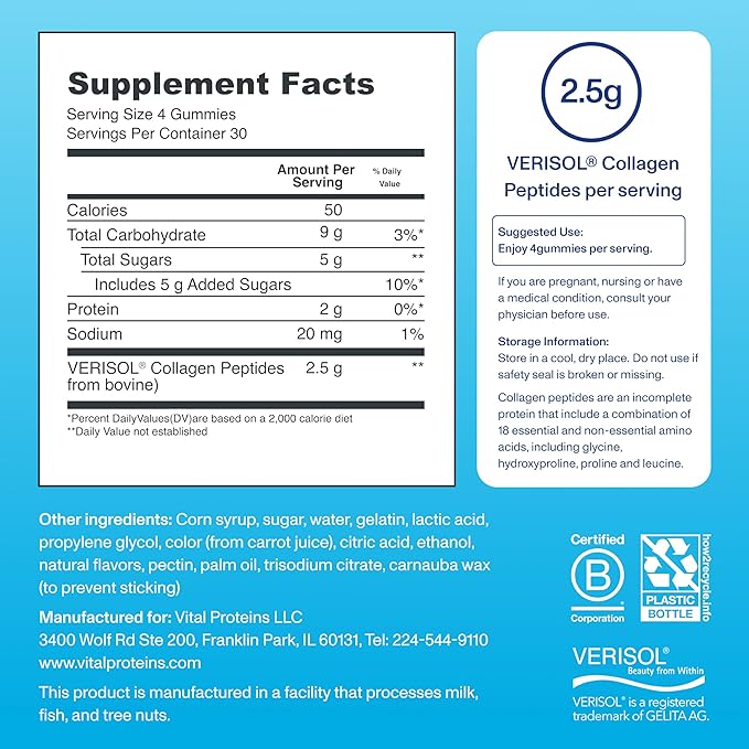 Vital Proteins Collagen Gummies 2.5g of Clinically-Tested Collagen for Hair Skin Nails &amp Wrinkles 120 ct Bottle Pack of 2 Raspberry Flavor