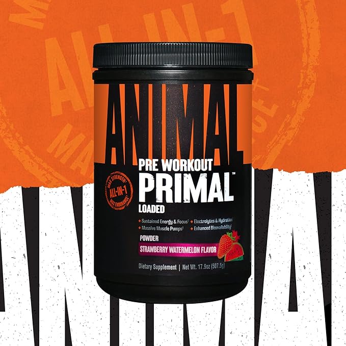 Animal Primal Muscle Hydration + Preworkout Powder – Contains Beta Alanine 3DPump Caffeine &amp Electrolytes – Improves Energy Focus Endurance &amp Absorption – Strawberry Watermelon Flavor 17.
