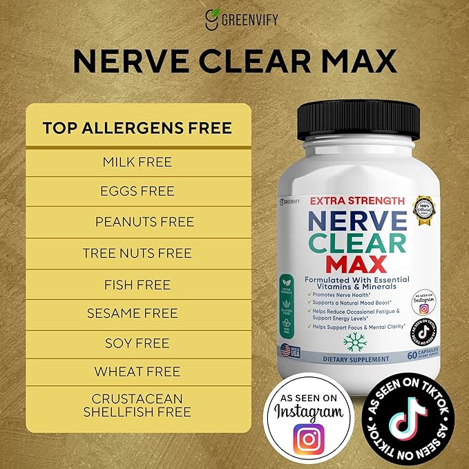 Nerve Clear Max Extra Strength Essential Vitamins &amp Minerals Nerve Health Support 60 Capsules 30-Day Supply (5)