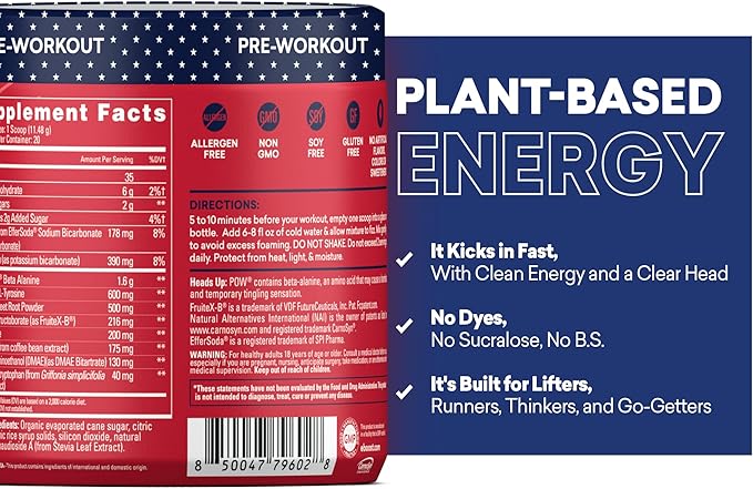 EBOOST POW Natural Pre Workout Powder - 20 Servings - Patriot Pop - Pre Workout Supplement for Performance Joint Mobility Support Energy Focus - Men &amp Women - Non-GMO Gluten-Free No Creatine