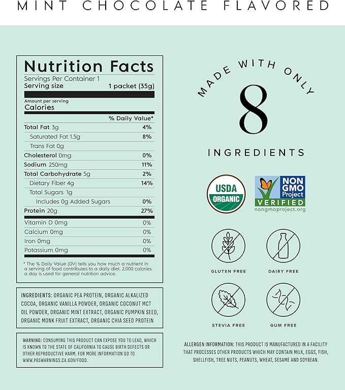 Truvani Vegan Pea Protein Powder | Mint Chocolate | 20g Organic Plant Based Protein | Single Serving Travel Packets | 10 Servings | Keto | Gluten &amp Dairy Free | Low Carb | No Added Sugar