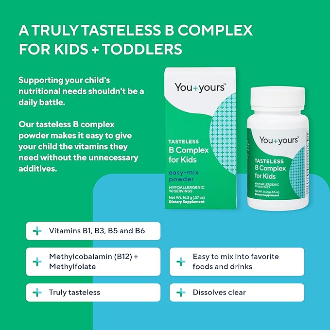 Tasteless B Complex Powder for Kids- B1 B3 B5 B6 Methylfolate and Methyl B12. No Sweeteners Flavors Colors or Preservatives. Add to Beverages or Food.