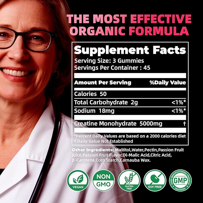 Creatine Monohydrate Gummies for Men &amp Women. Boost FocusStrength and Endurance Anti-Melting Formula Vegan Gluten-Free Non-GMO(Passion Fruit 135 ct)