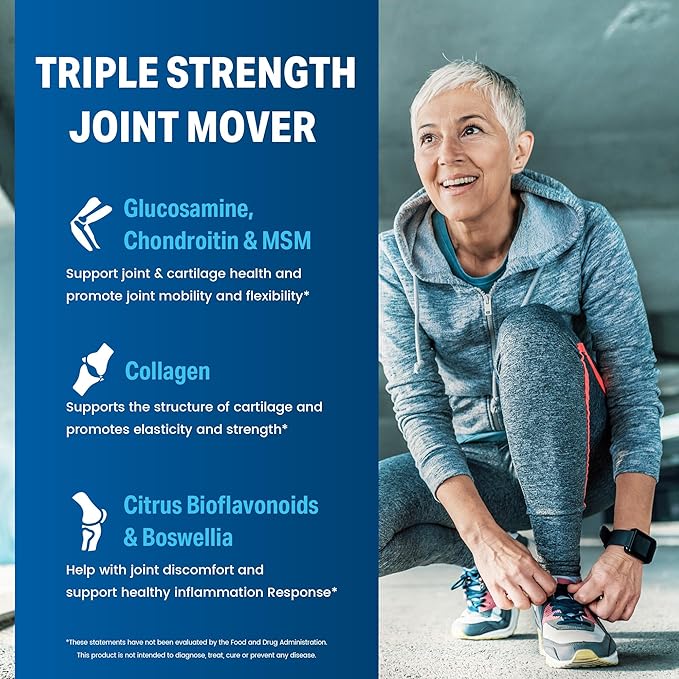 Vitamin World Triple Strength Joint Mover Glucosamine Chondroitin with MSM Joint Support Supplement Collagen &amp Boswellia Serrata Extract Support Joint Strength Comfort &amp Flexibility 90 Ca
