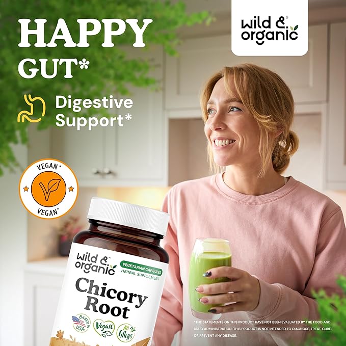 Wild &amp Organic Chicory Root Fiber Capsules - 1200 mg of Chicory Root Powder per Serving - Digestive &amp Gut Support - Inulin Prebiotic Fiber Supplement - Non-GMO Vegan Inulin Capsules - 180 Cou