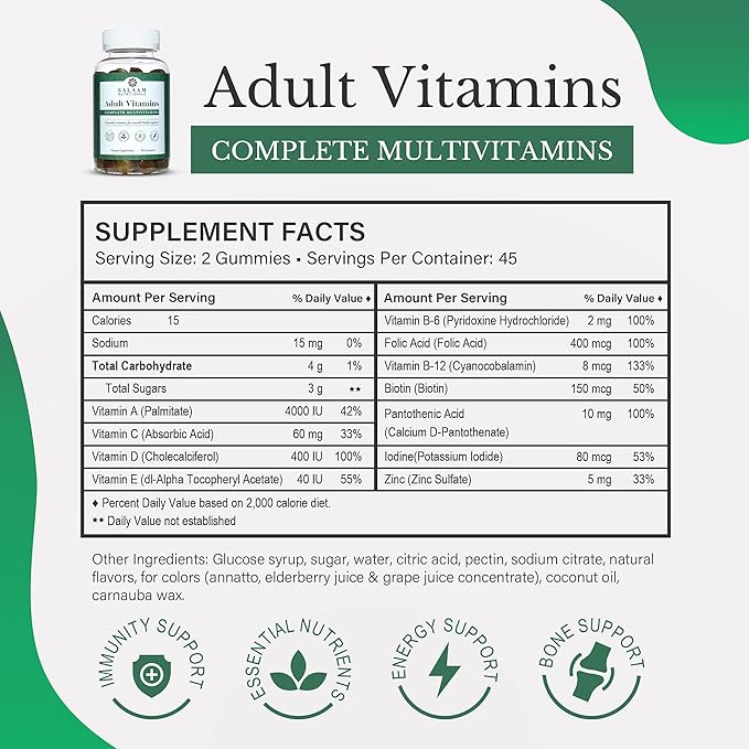 Salaam Nutritionals - Adult Multivitamins Vitamin Gummies for Women and Men Multivitamins for Adults with 11 Essential Vitamins and Minerals 90 Count 1 Pack.