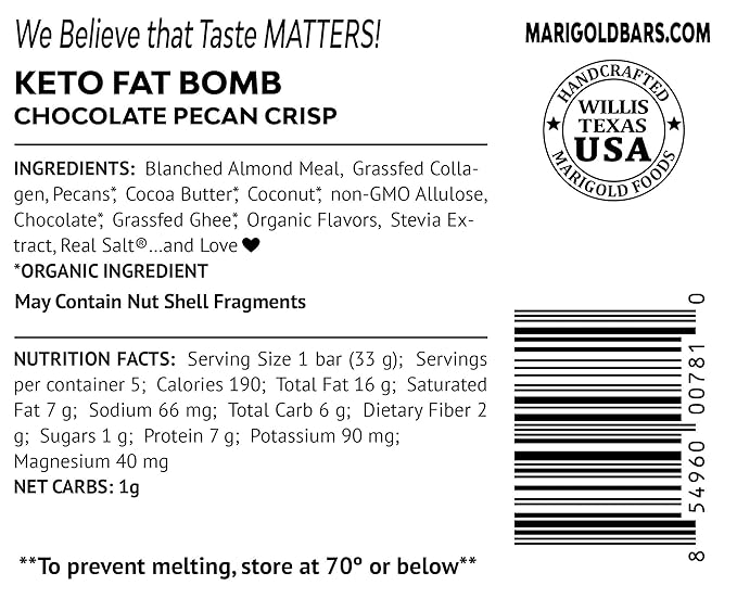 MariGold Keto Fat Bombs - Chocolate Pecan Crisp - Low Carb Collagen Rich Grass-fed Ghee Organic Cocoa Butter Gluten-Free Non-GMO (3 bags 5 Servings each) No Weird Aftertaste