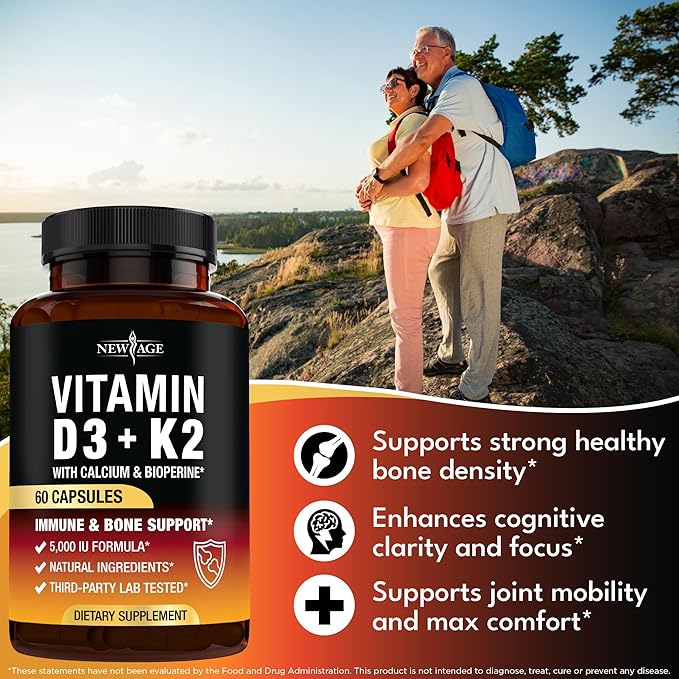 NEW AGE Vitamin D3 5000 IU + K2 MK-7 100 mcg - 2-in-1 Bone Immune &amp Heart Support Easy to Swallow Non-GMO - 180 Capsules