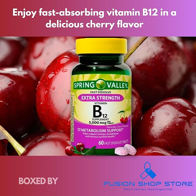 B12 Fast Dissolve 5000mcg- Vitamins Cherry Flavor 60 Tablets (Pack of 1) Boxed by Fusion Shop Store