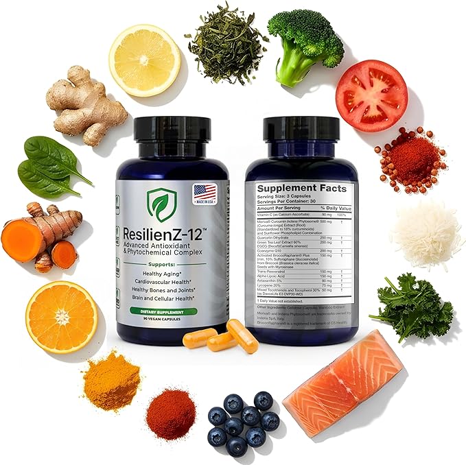 ResilienZ-12 Healthy Aging &amp Cellular Health – 12-in-1 Longevity Antioxidant Complex w/Meriva Curcumin Phytosome Sulforaphane CoQ10 EGCG Resveratrol Quercetin Tocotrienols &amp Astaxanthin