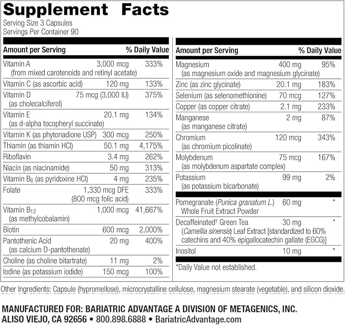 Bariatric Advantage Ultra Multi Without Iron - High Potency Multivitamin - for Bariatric Surgery Patients - Bariatric Multivitamin Capsule - with Calcium Vitamin C &amp More - 270 Capsules
