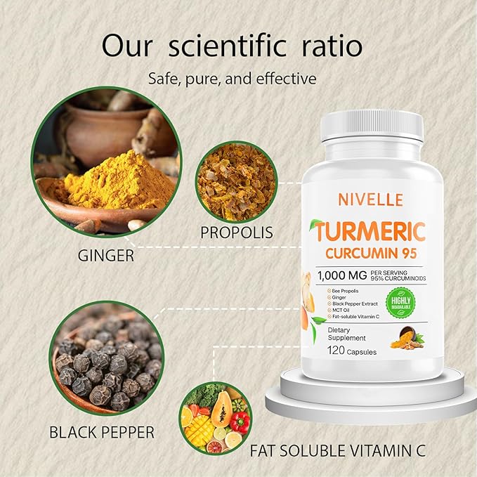 NIVELLE Pure Turmeric Curcumin Supplement 1000mg | 95% Curcuminoids with Bee Propolis Ginger MCT Oil Fat Soluble Vitamin C &amp Black Pepper | Non-GMO Gluten Free | 120 Capsules