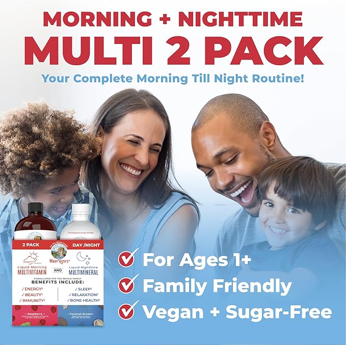 MaryRuth Organics Liquid Morning Multivitamin &amp Liquid Nighttime Multimineral Bundle Vegan Vitamin C Vitamin D B Complex Magnesium Energy Beauty Sleep Support NO Melatonin 32 Fl Oz Each