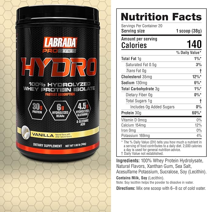LABRADA Hydro 100% Pure Hydrolyzed Whey Protein Isolate Powder Lactose Free 6g BCAA’s 4.5g Glutamine Fastest Digesting Whey Available Instant Mixing Delicious Taste 20 Servings (Vanilla)