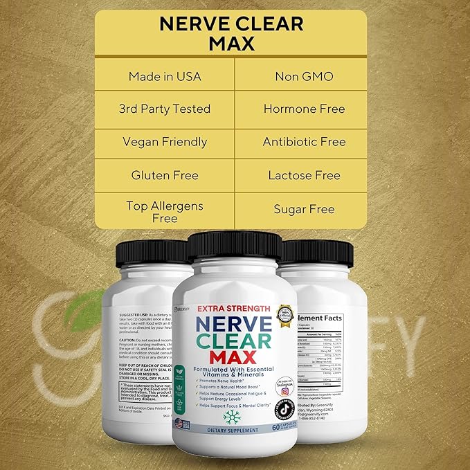 Nerve Clear Max Extra Strength Essential Vitamins &amp Minerals Nerve Health Support 60 Capsules 30-Day Supply (2)